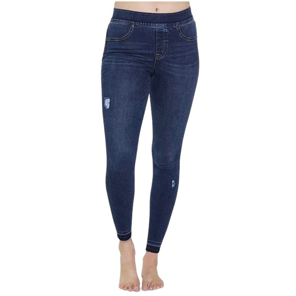 Spanx Distressed Denim High Rise Elastic Waist Jeggings Women's Large - Picture 1 of 11